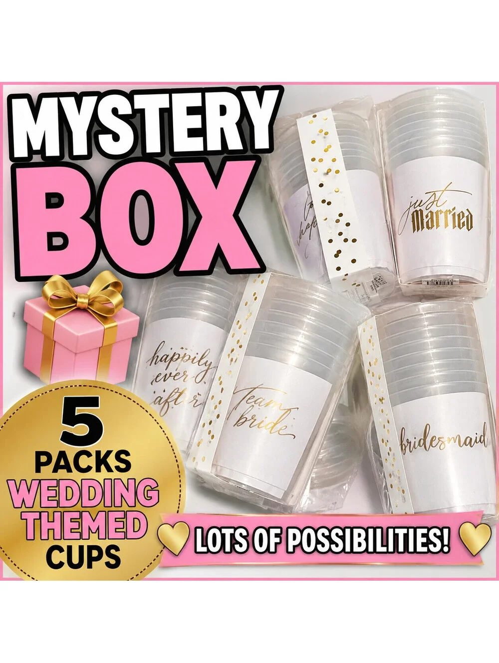 Wedding Party Cups Mystery Box 40 Cups 5 Packs Bride Bridal Shower NEW